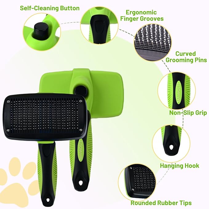 Large Self Cleaning Deshedding Brush for Dogs & Cats - One Button Hair Release Grooming Tool, Gentle Massage Brush for Long and Short Hair (Green)-Mewly Pet