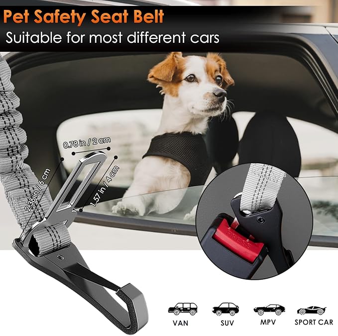 SlowTon 2 Pack Dog Seat Belt, 2 in 1 Attachment, Hook Latch Bar or Seatbelt Buckle with Elastic Nylon Bungee Buffer Adjustable Reflective Nylon Safety Belt Tether Connect to Dog Harness (2pack-GY)-Mewly Pet