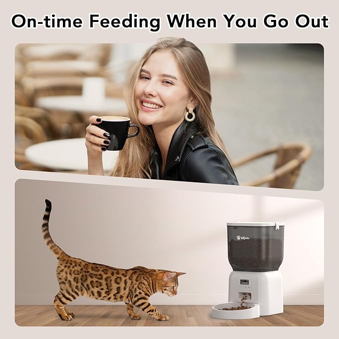 Automatic Dog & Cat Feeder, with Freshness Preservation, 4L Timed Cat Feeder with LCD Screen.Up to 6 Meals Per Day and 1-15 Portion for Cats & Dog (White)-Mewly Pet