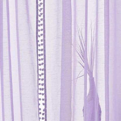 Treatmentex Pom-Pom Sheer Curtains for Kid's Room, 63" Linen Textured Volie Window Curtain Panels Lilac 52" w 1 Pair