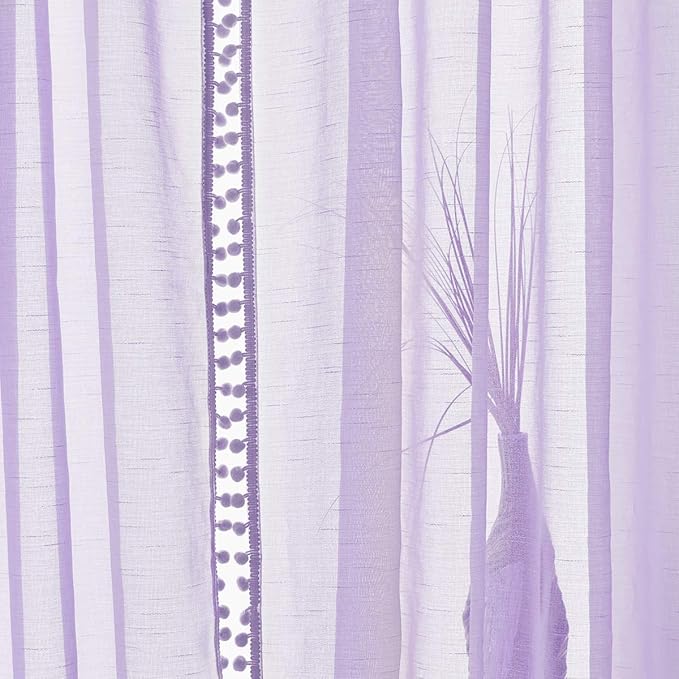 Treatmentex Pom Pom Sheer Curtains for Bedroom 95inches Long Linen Textured Window Voile Drapes Lilac Rod Pocket 1 Pair