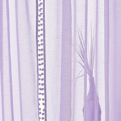 Treatmentex Pom Pom Sheer Curtains for Bedroom 95inches Long Linen Textured Window Voile Drapes Lilac Rod Pocket 1 Pair