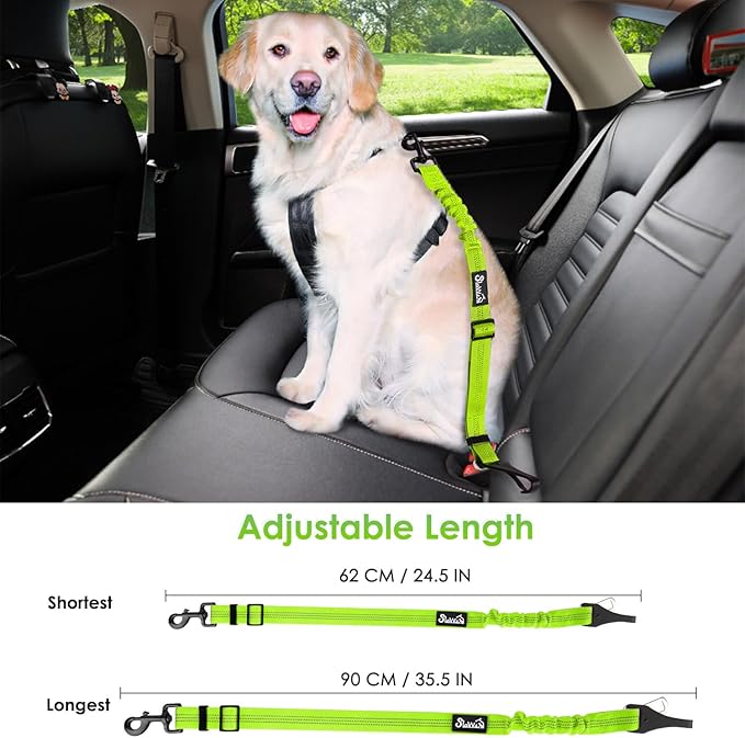 SlowTon Dog Seat Belt, Adjustable Dog Safety Belt Leash, 2 in 1 Latch Bar Attachment Dogs Car Seatbelt with Elastic Nylon Bungee Buffer, Reflective Nylon Belt Tether(VL,35.5in)-Mewly Pet