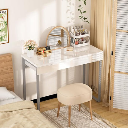 GreenForest Vanity Desk with 2 Drawers,47 inch White Desk with Glossy Desktop Easy Clean,Makeup Dressing Table with Metal Silver Legs for Home Office Small Spaces,Bedroom