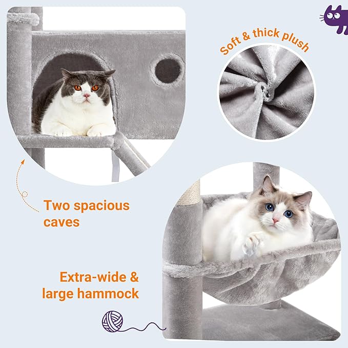Allewie 81 Inches Tall Cat Tree/Multi-Level Large Climbing Tree House and Towers for Big Feline/Condo and Hammock/Scratching Post/Wide Base/Grey-Mewly Pet