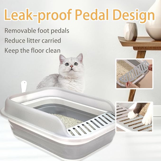 Collapsible Kitten Litter Box, Open High Sided Cat Potty Pan with Scoop Shallow Cat Toilet Anti-Splashing Low Entrance Travel Litter Box with Falling Sand Pedal for Kitty to Senior Cats-Mewly Pet