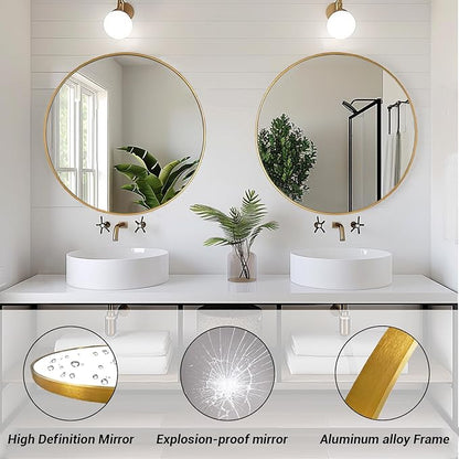 Gold Circle Mirror, Round Mirror 22 inch, Gold Wall Mirrors Metal Frame, Circle Mirrors for Bathroom, Bedroom, Living Room, Entryway.
