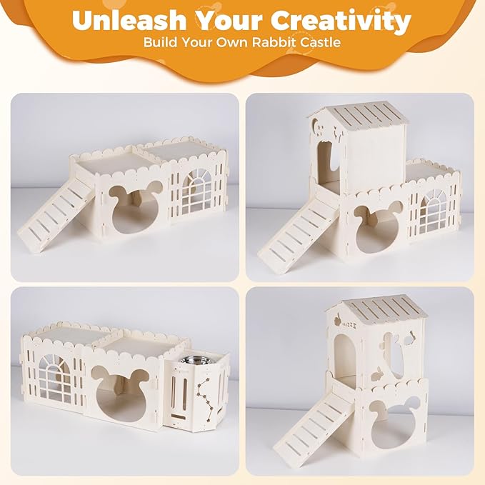 Extra Large Rabbit House, Wooden Bunny House Hideout with 4 Houses and Hay Feeder Indoor, Rabbit Guinea Pig Hideout Multistory Climbing Tower Sturdy Wooden Castle, Small Animal Hideaway Tunnel-Mewly Pet