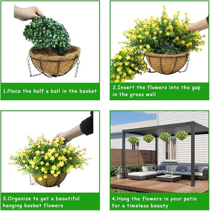 Artificial Hanging Flowers Basket, 12 UV-Resistant Bundles of Realistic Fake Flowers, Faux Plants for Outdoor Decor, Home, Garden, Porch, Patio, Spring & Summer Decorations, Yellow
