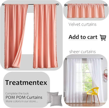 Treatmentex Pom Pom Sheer Curtains for Bedroom 95inches Long Linen Textured Window Voile Drapes Lilac Rod Pocket 1 Pair