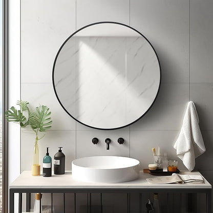 Round Mirror 22 inch, Black Circle Mirror, Round Wall Mirrors Metal Frame, Circle Mirrors for Living Room, Bathroom, Wall, Entryway, Rustic.
