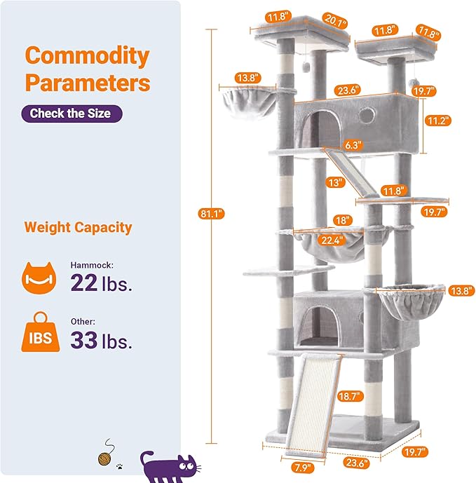 Allewie 81 Inches Tall Cat Tree/Multi-Level Large Climbing Tree House and Towers for Big Feline/Condo and Hammock/Scratching Post/Wide Base/Grey-Mewly Pet