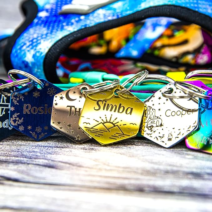 Personalized Dog Tag with 5 Lines of Custom Deep Engraved Durable Stainless Steel Pet ID Name Tag Designer Regular Size Hexagon-Mewly Pet