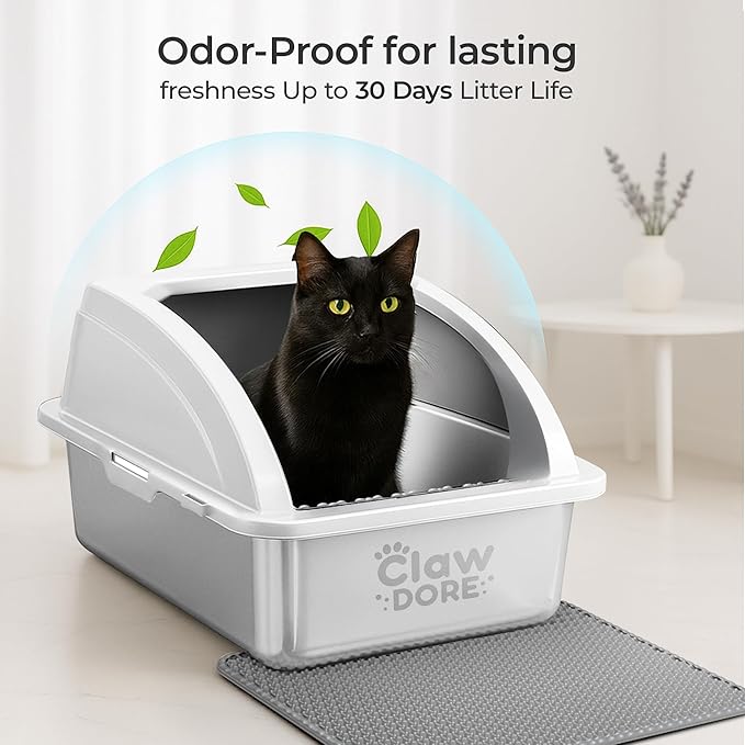 XL Stainless Steel Litter Box with Lid for Big Cats - Prevents Odor & Stains - Leak-Proof, Rust-Free & Non-Stick - Extra Large Cat Litter Box Stainless Steel with Scooper, Brush, Bowl & Mat Included-Mewly Pet