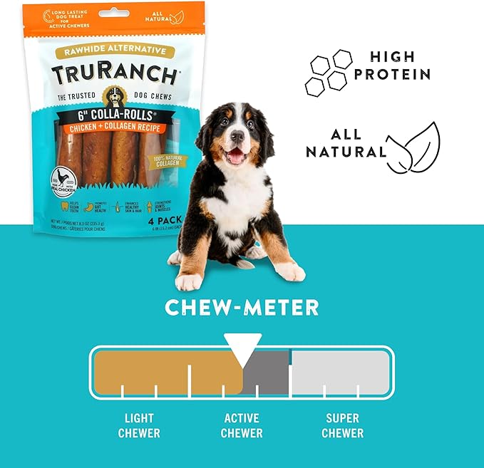Collagen Rolls - 6" Collagen Rolls for Dogs - Long Lasting Healthy Joint Support - Rawhide Alternative - Skin & Coat Health - Made with Real Chicken, Value Pack, 3 Bags, 12 Count-Mewly Pet
