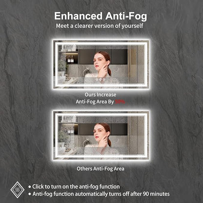 Backlit Bathroom Mirror, 55x30 Inch Gradient Front and Backlit Mirror, 3 Colors Dimmable CRI>90 Double Lights, IP54 Enhanced Anti-Fog, Hanging Plates Wall Mount LED Bathroom Mirror