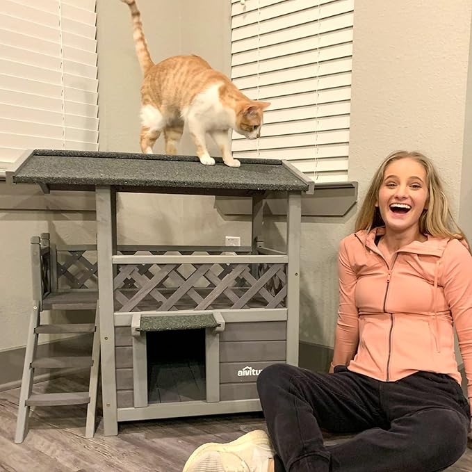 Aivituvin Cat House Outdoor Indoor Feral Kitty Shelter with Escape Door for Cats, Weatherproof Roof-Mewly Pet