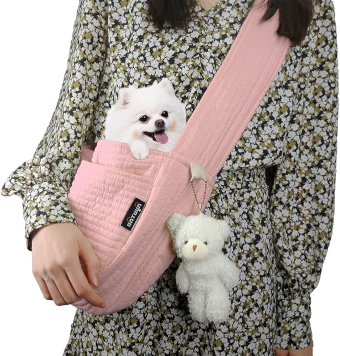 NATUYA Small Dog Carrier Sling Dog Sling Carrier for Small Dogs Puppies Cats, Big Pouch Safety Leash Pet Sling Carrier for Walking Outdoor Travel (Pink, Canvas)-Mewly Pet