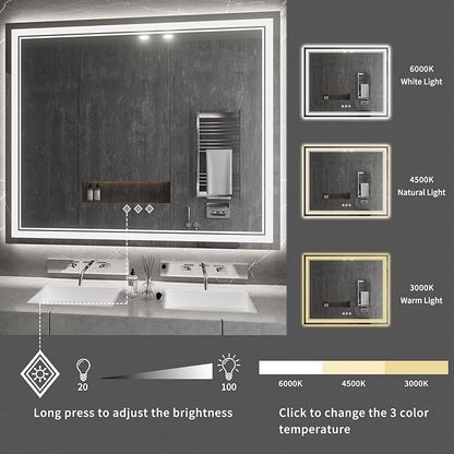 Vanity Mirror with Lights, 48x40 Inch Gradient Front and Backlit Smart Mirror, 3 Colors Dimmable CRI>90 Double Lights, IP54 Enhanced Anti-Fog, Hanging Plates Wall Mount LED Mirror