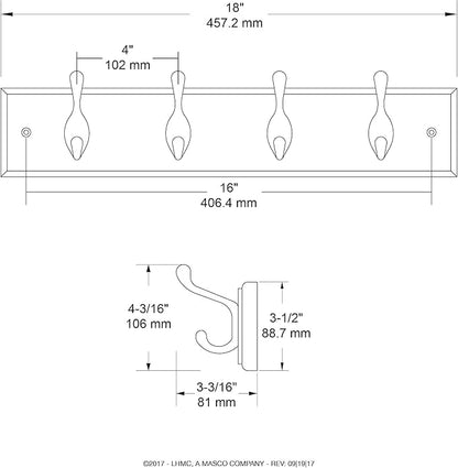 Liberty Hardware 129847 18-Inch Coat and Hat Rail/Rack with 4 Heavy Duty Hooks, White and White