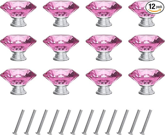 Tomorotec 12-Pack 30mm Crystal Pink Glass Cabinet Drawer Pulls, Diamond Drawer/Cupboard Knobs with Screws, Crystal Knobs w/Silver Base, Home Decor for Kitchen, Dresser, Wardrobe, Desk (1.2 in / 30mm)