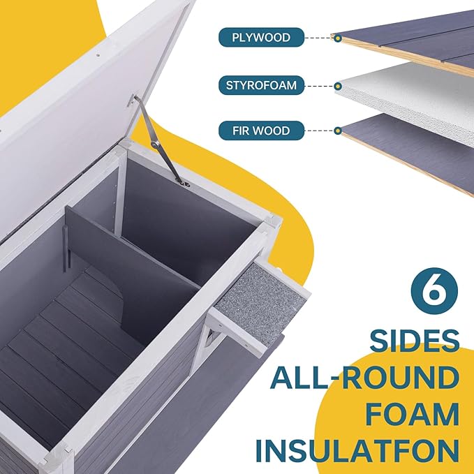 GEGURI Insulated Cat House Outdoor Weatherproof Feral Cat Shelter for Winter Large Wooden Enclosure with Escape Door-Mewly Pet