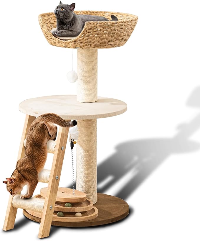 Natural Wood Modern Cat Tree with Top Cats Bed, Unique Cute Cats Furniture Activity Centre with Sisal Rope Scratching Posts, Cats Tower Condo with Interactive Cat Toy Tree-Mewly Pet