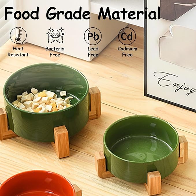 Petygooing Ceramic Cat Dog Bowl Set with Stand,Small Dog Bowls, Pet Food and Water Dish, Anti Slip Set of 2 Cat Bowls- Cute Modern Pet Food Bowl Small Size Dog (13.5OZ/5.1 in) Rust Green-Mewly Pet