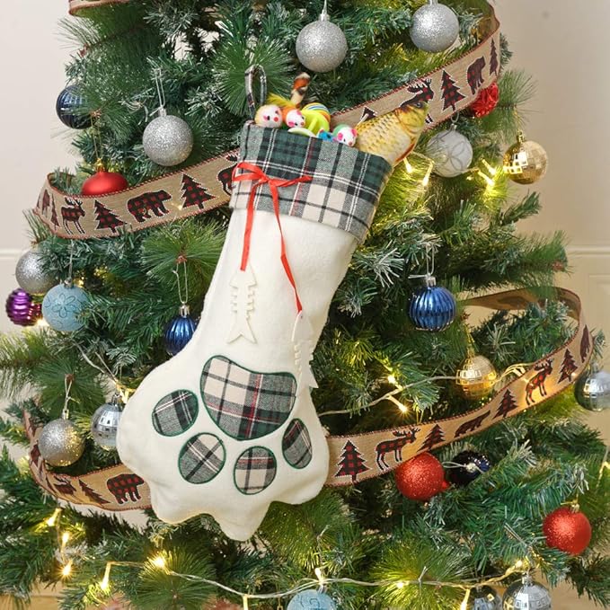 QBSM Cat Christmas Plaid Pet Paw Stockings with 26 Pcs Cat Toys for Cats and Kitten-Mewly Pet