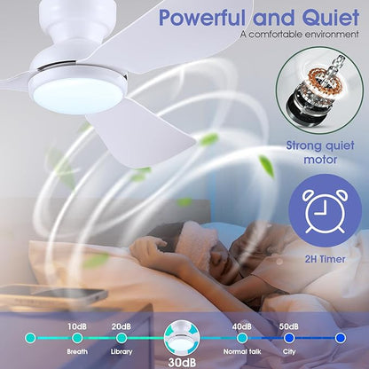 46 Inch Modern Ceiling Fans with Lights, Flush Mount Ceiling Fan with Remote/APP Control, 3 Reversible Curved Blades, 6 Speeds, 3 CCT, Dimmable Lights for Kids Room Bedroom, White