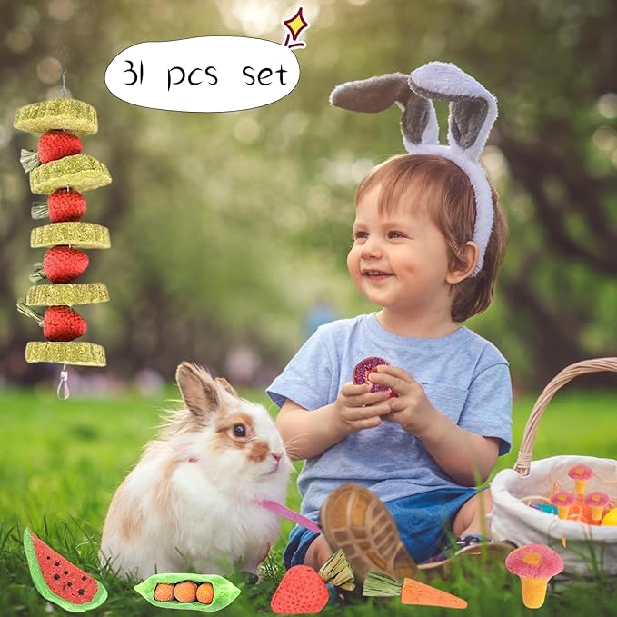 31 Pcs Small Pet Chew Toys for Dental Health - Natural Apple Wood, Timothy Grass Sticks & Sweet Bamboo, Teeth Grinding Toys for Rabbits, Guinea Pigs, Hamsters, Chinchillas Cage Accessories-Mewly Pet