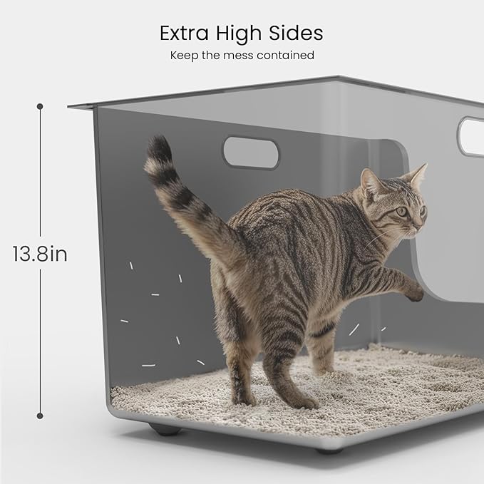 Stainless Steel Litter Box 13.7'' High Sides, XL Metal Cat Litter Box with Curved Low Entry, Cat Litter Pan for Big & Multiple Cats, Pet Toliet with Handy Wheels for Easy Moving-Mewly Pet