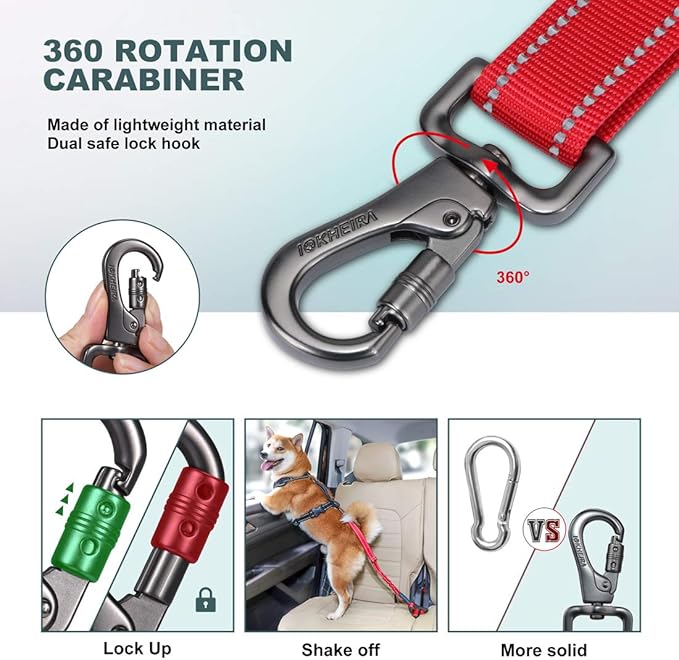 IOKHEIRA Dog Seat Belt 3-in-1 Car Harness for Dogs Adjustable Safety Seatbelt for Car Durable Nylon Reflective Bungee Fabric Tether with Clip Hook Latch & Buckle, Swivel Zinc Alloy Carabiner Red-Mewly Pet