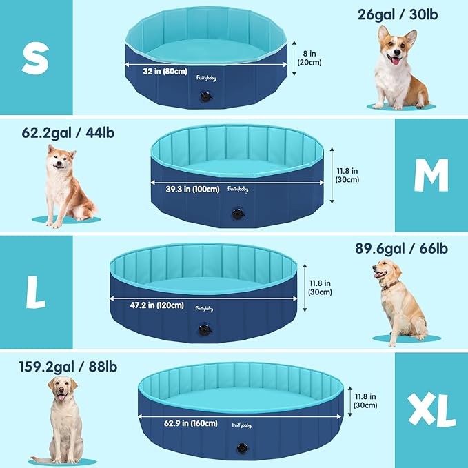Furrybaby Foldable Dog Pool, Small Dog Swimming Pool for Dogs, Collapsible Hard Plastic Doggie Pool, Portable Bath Tub for Pets Dogs and Cats, Navy 32''-Mewly Pet