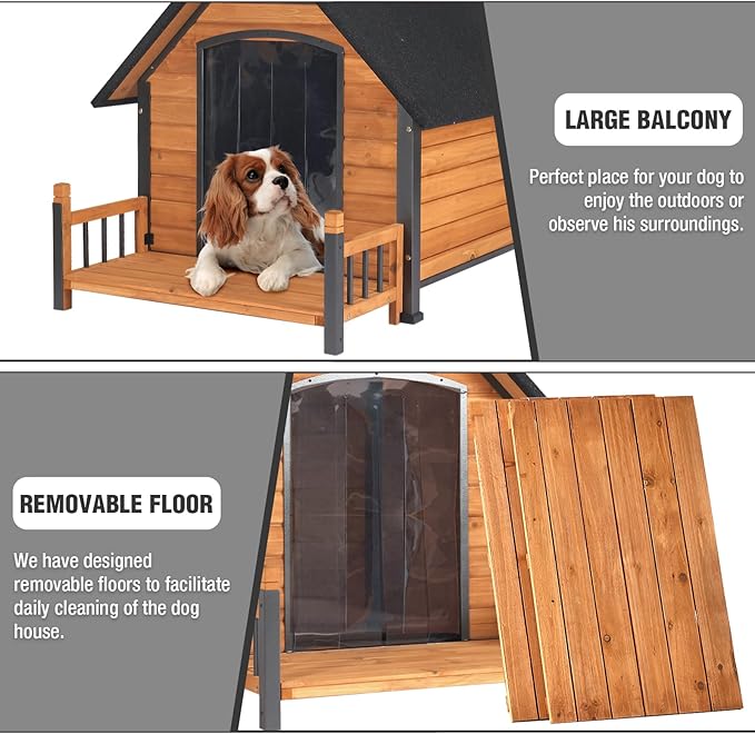 Large Dog House Outdoor Weatherproof Dog Kennel with Anti-Chewing Iron Frame, Dog Shelter for Large Breed with Porch (Brown, 50.9" D x 37.4" W x 37.2" H)-Mewly Pet