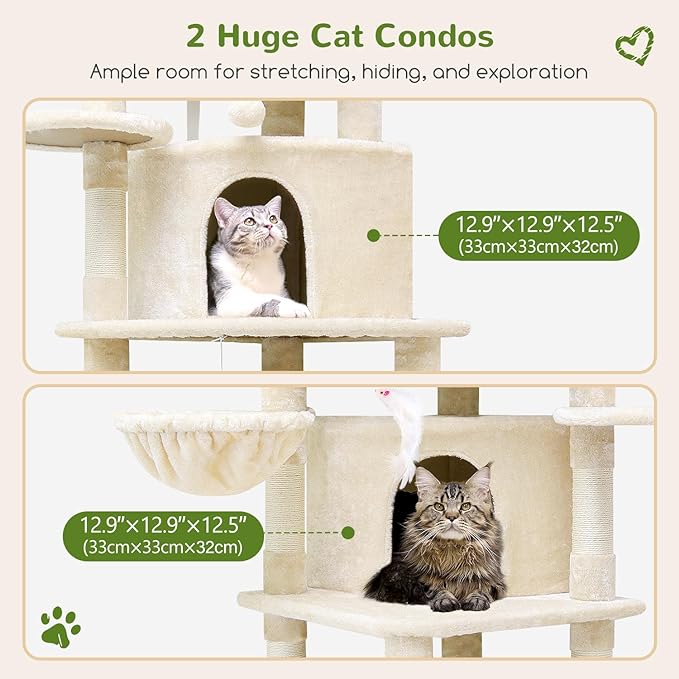 Globlazer Corner Cat Tree for Large Cats, 66inch Tall Curved Series Large Cat Tower for Multiple Indoor Cats with 6 Scratching Posts, 2 Spacious Cat Condos, Hammock, Hanging Basket, C66, Beige-Mewly Pet
