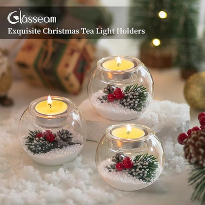 Glasseam Christmas Votive Candle Holders: Glass Tealight Candle Holder Set of 6 with Red Berry and Snow Pinecone Decorative Candle Holders for Table Centerpiece Party Christmas Decor Advent Gifts