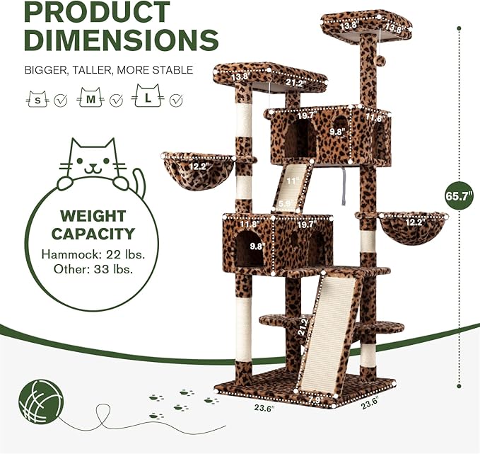 MUTICOR 66 Inches Multi-Level Large Cat Tree Tower for Indoor Big Feline/Cozy Plush Perches/Condo/Sisal Scratching Posts/Hammock and Baskets/Activity Center Play House/Wide Base/Leopard Print-Mewly Pet