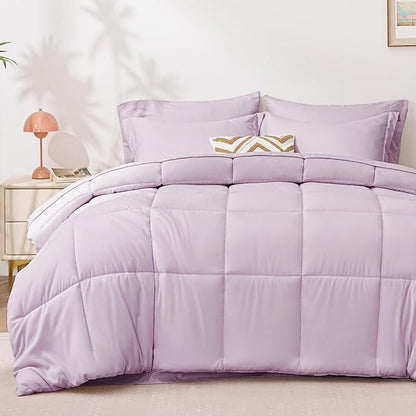 Love's cabin Queen Comforter Set Light Purple, 7 Pieces Queen Bed in a Bag, All Season Bedding Sets with 1 Comforter, 1 Flat Sheet, 1 Fitted Sheet, 2 Pillowcase and 2 Pillow Sham