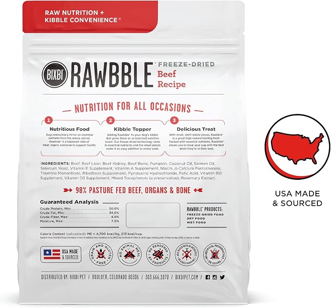 BIXBI Rawbble Freeze Dried Dog Food, Beef Recipe, 12 oz - 98% Meat and Organs, No Fillers - Pantry-Friendly Raw Dog Food for Meal, Treat or Food Topper - USA Made in Small Batches-Mewly Pet