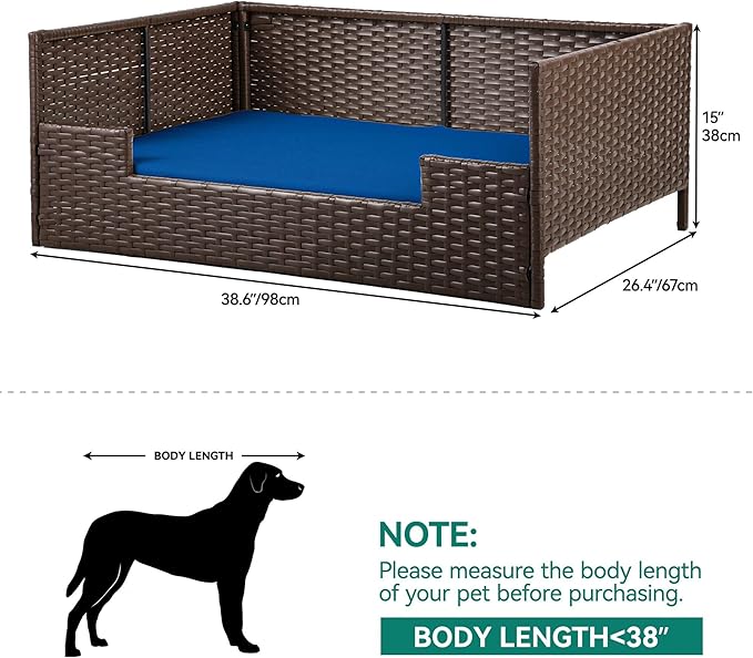 YITAHOME Rattan Dog Sofa Bed with Cushion, Wicker Pet Bed Sofa Couch Indoor Outdoor Waterproof for Large Medium Small Dogs Cats (38.6''L*26.4''W*15''H,Blue)-Mewly Pet
