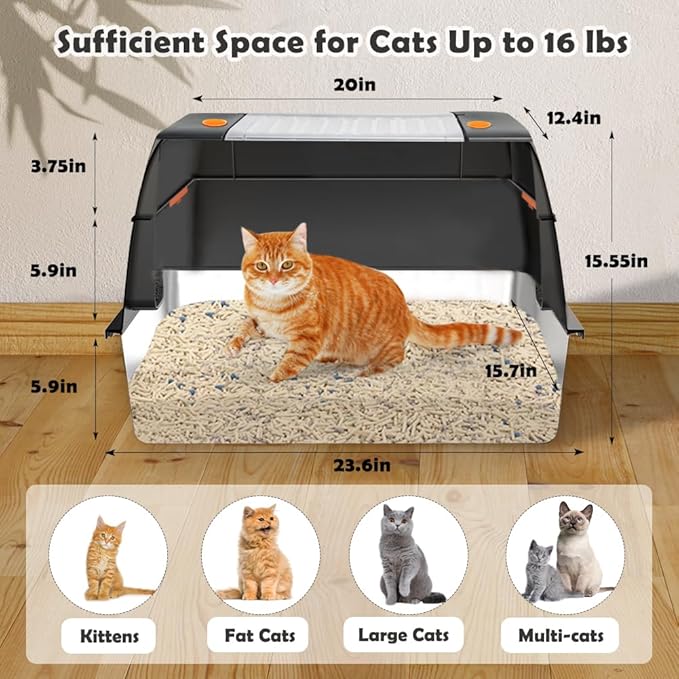 Vivifying Stainless Steel Litter Box, XL Side Entry Extra Large Litter Box with Lid for Big Cats & Kitty, Removable Enclosed Metal Cat Pan with High Sided Enclosure, Scoop, Mat, Footboard (Black)-Mewly Pet