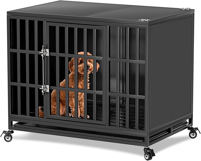38 inch Heavy Duty Dog Crate with Self-Locking Latch, Indestructible Steel Large Kennel with Enclosed Design, Chew-Proof and Escape-Proof Pet Cage for High Anxiety Dogs-Mewly Pet