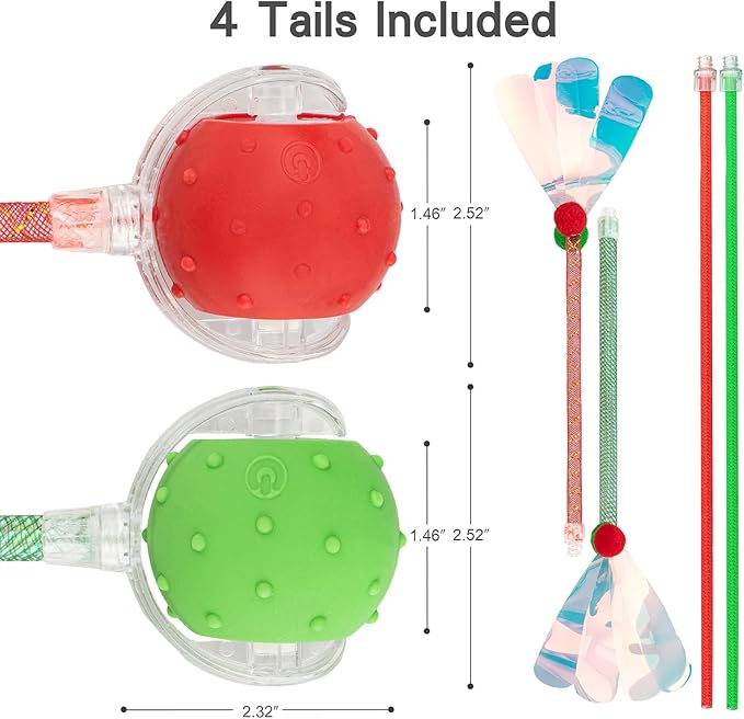 Red & Green Interactive Cat Toy Ball Combo – Automatic Agile Moving Cats Toys with 4 Tail Accessories, Bird Chirping & Motion Activated, Kitten Balls for Multi-Cat Households-Mewly Pet