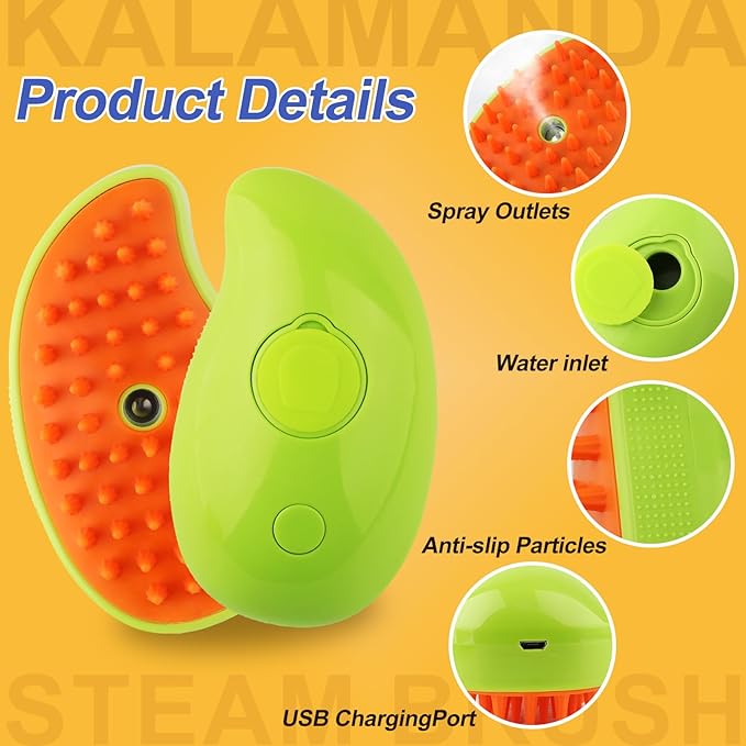 Cat Steam Brush, 3 in 1 Pet Steamy Brush, Silicone Grooming Comb with Steam, Pet Hair Remover Misting Comb for Indoor Cats Dogs(Mango Yellow/Green)-Mewly Pet