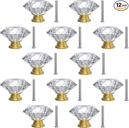 12-Pack Crystal Glass Cabinet Knobs for Home Decor, Vanity Drawers, Desks, Wardrobe Doors, Standard Screws Easy Installation for Home Refurbishment and Redecoration (Clear Crystal, 30mm, Gold Base)