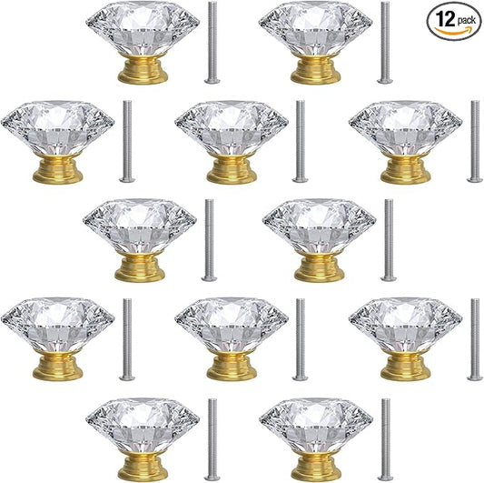 12-Pack Crystal Glass Cabinet Knobs for Home Decor, Vanity Drawers, Desks, Wardrobe Doors, Standard Screws Easy Installation for Home Refurbishment and Redecoration (Clear Crystal, 30mm, Gold Base)