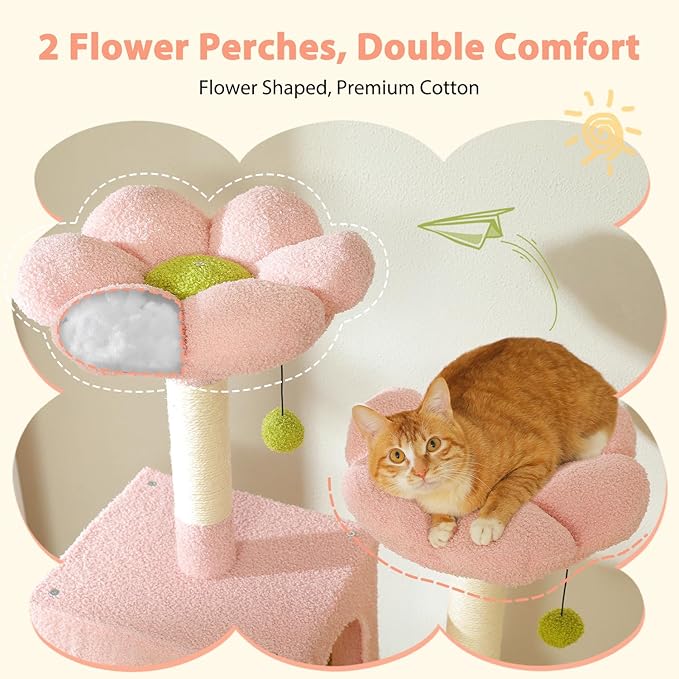 PAWZ Road Flower Cat Tree, 72 Inches Large Cat Tower with Steel Frame Hammock and 7 Scratching Posts, Tall Cat Tree with 2 Condos and Perches for Large Indoor Cats - Pink-Mewly Pet