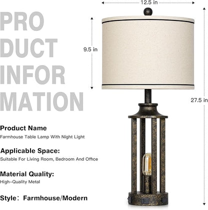 27.5" Bronze Farmhouse Table Lamps for Living Room, Tall Vintage Lamps Set of 2 with USB A+C Charging Port & AC Outlet, Rustic Bedside Lamp with Night Light, Bedroom Lamp for Nightstand Side End Table