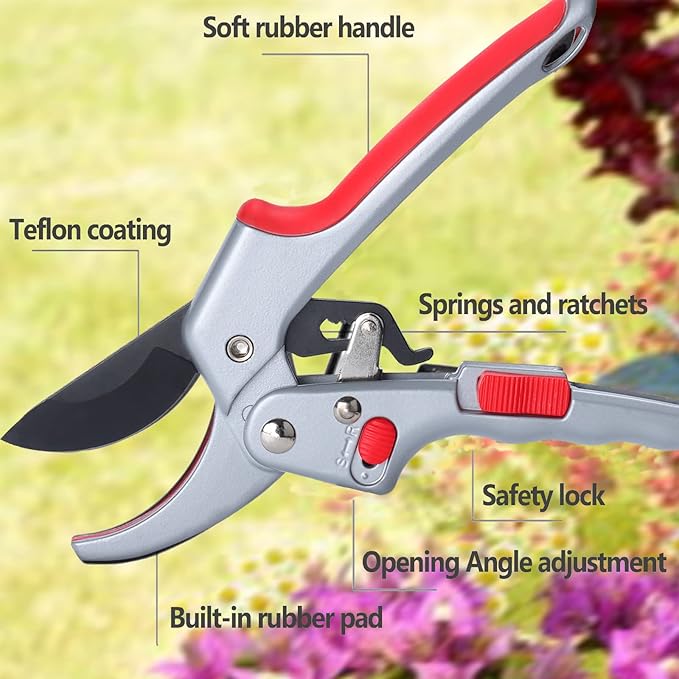 Garden clippers, premium Germany pruners, Work 3 times easier, professional ratchet pruning shears, cutting rose, flower, hedge, stem, tree, Sharp gardening scissors, Arthritis weak hand snips-Mewly Pet